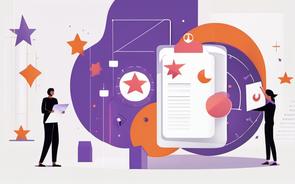 Pre-hire evaluation checklist — magnifying glass over profile with floating checkmarks and star ratings in purple and orange
