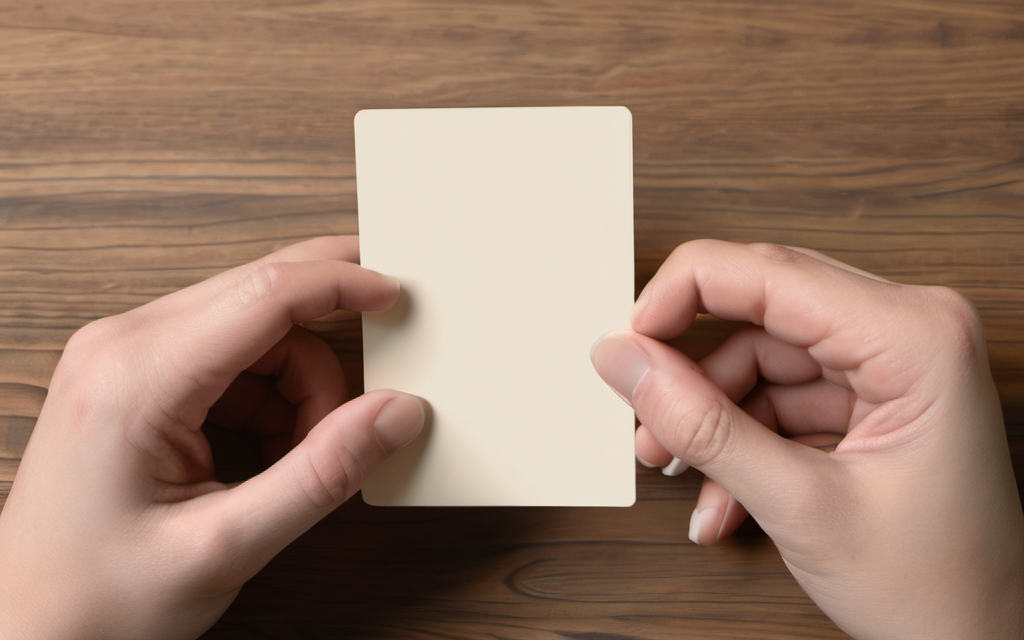 The moment of handover, when ownership of the finished mark actually transfers to you Two hands holding a blank cream card on a wooden desk, a moment of handover