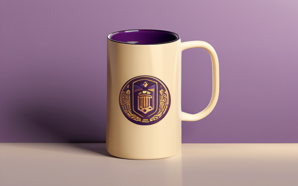 Two mockup previews side by side: a flat badge composite on the left, a 3D perspective mug on the right, in lavender and gold