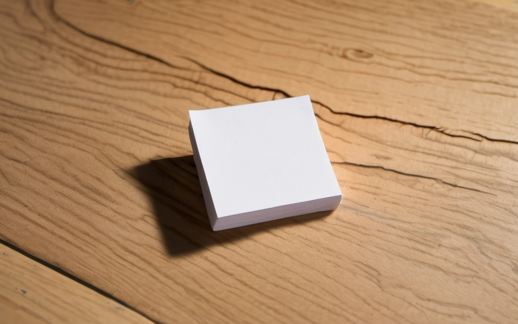 The starting point of any redesign: the mark you already have, before anything new is drawn A stack of blank white sticky notes on a wooden desk, a simple sketch of the starting point of a redesign