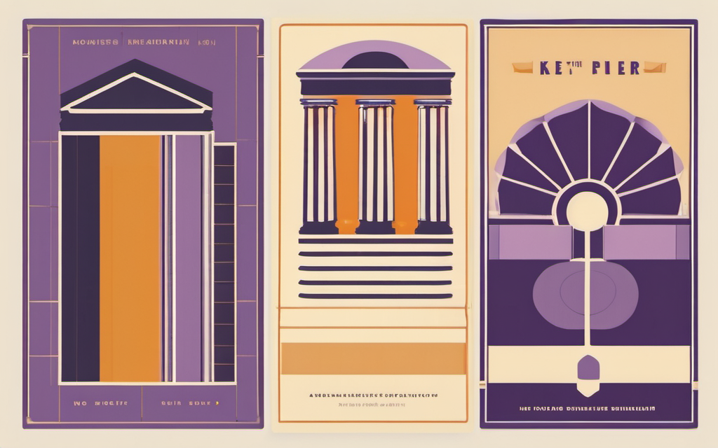 Four poster category cards, abstract building facades in purple and gold representing event, film, retro, and flyer work