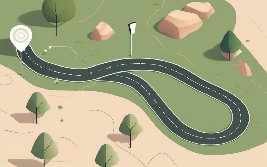 Four distinct phases along the process: strategy, concept development, execution, and testing, each marked as you move forward A winding path with four milestone markers representing the four phases of poster design