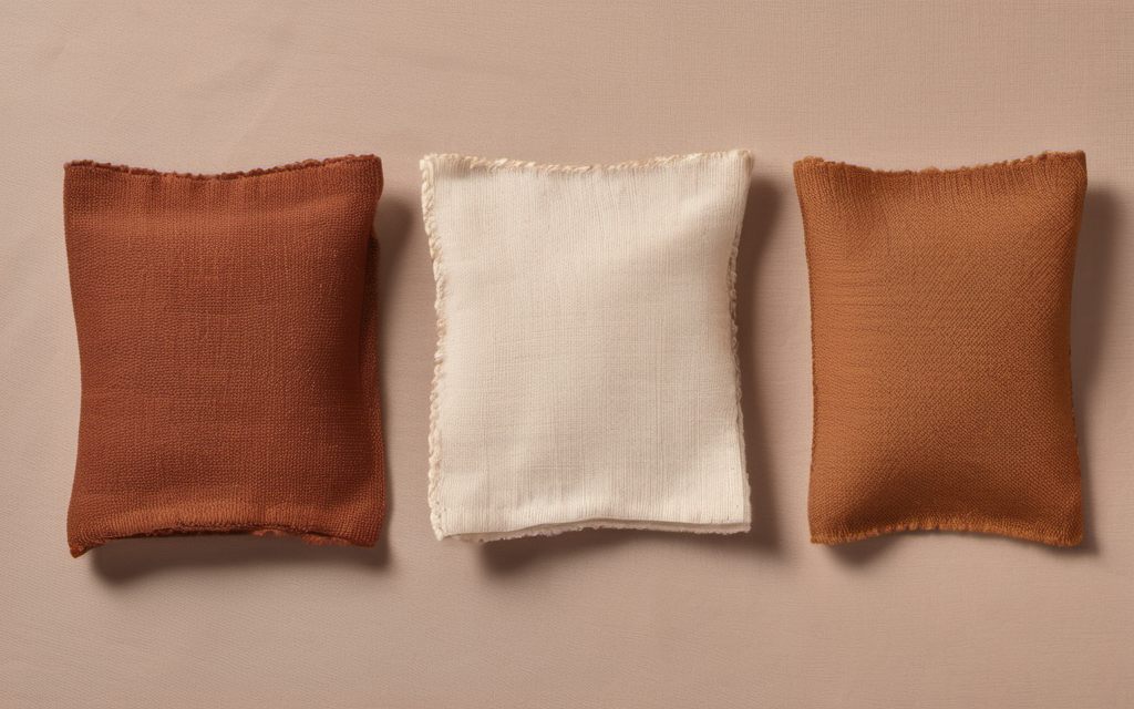 Side-by-side comparison of how the same abstract mark reads across three fabric print methods: the raised texture of embroidery, the soft surface of screen print, and the fine detail of DTG Three fabric swatches side by side comparing textured embroidered, smooth cotton, and printed fabric surfaces